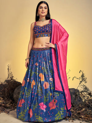 Rajwada - Classic Navy Blue Art Silk Sequins Work Stitched Lehenga Choli Set