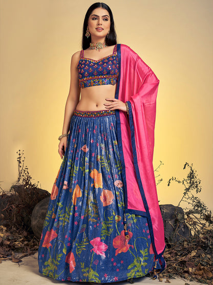 Rajwada - Classic Navy Blue Art Silk Sequins Work Stitched Lehenga Choli Set