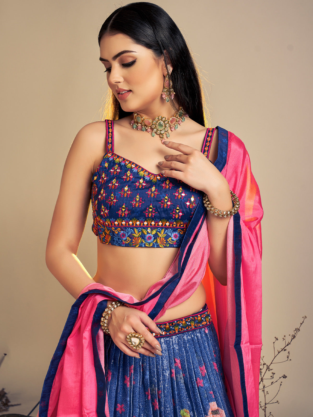 Rajwada - Classic Navy Blue Art Silk Sequins Work Stitched Lehenga Choli Set