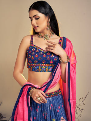 Rajwada - Classic Navy Blue Art Silk Sequins Work Stitched Lehenga Choli Set