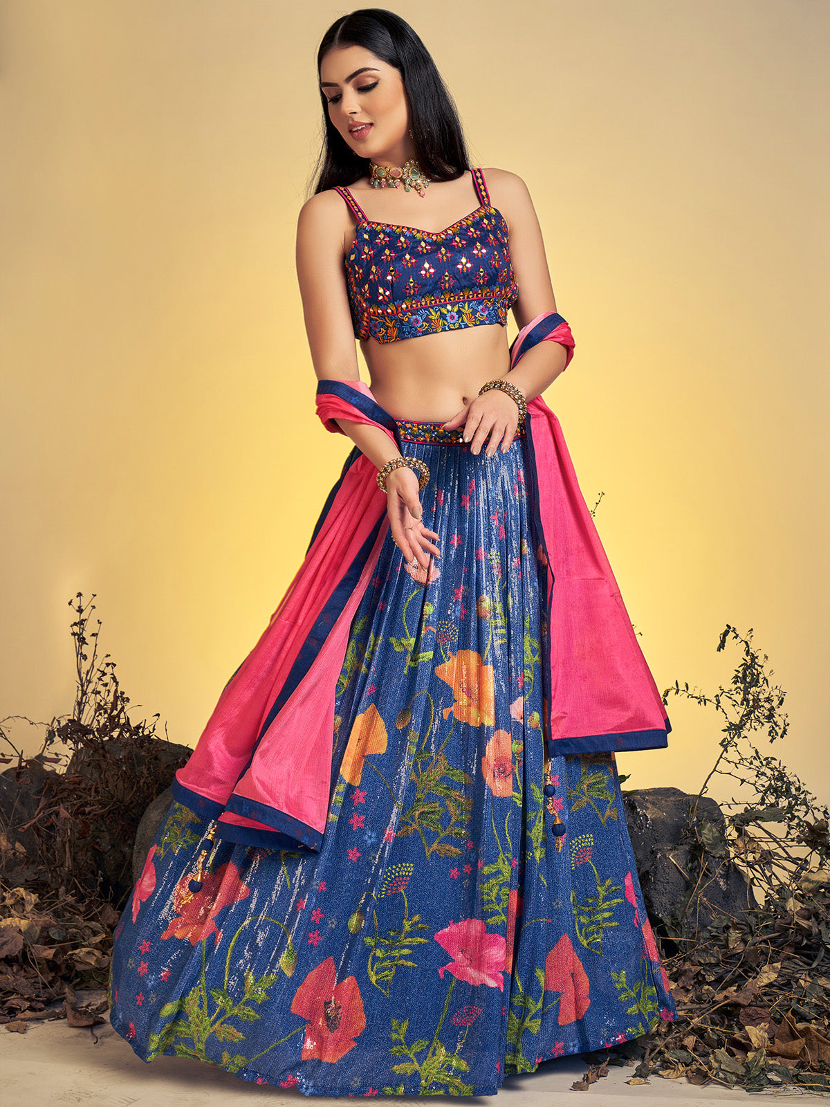 Rajwada - Classic Navy Blue Art Silk Sequins Work Stitched Lehenga Choli Set