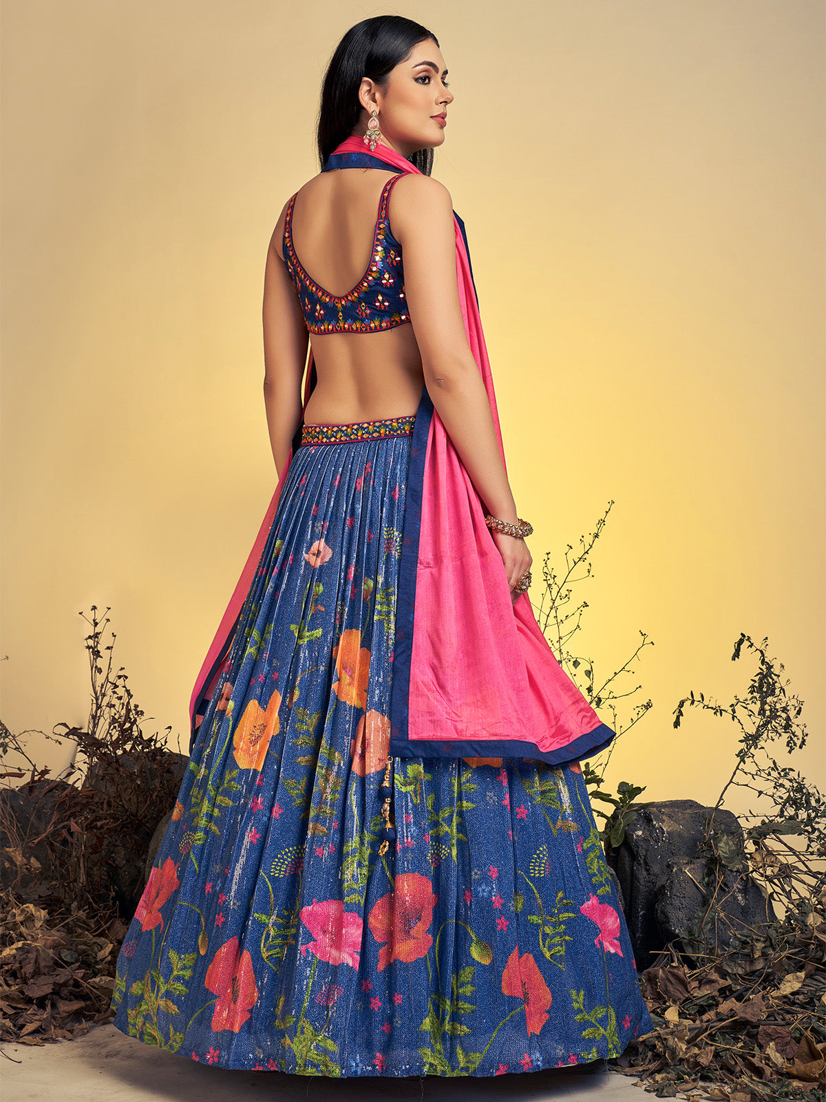 Rajwada - Classic Navy Blue Art Silk Sequins Work Stitched Lehenga Choli Set