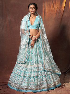 Rajwada Women Blue Resham, Sequins Semi Stitched Lehenga With Unstitched Blouse