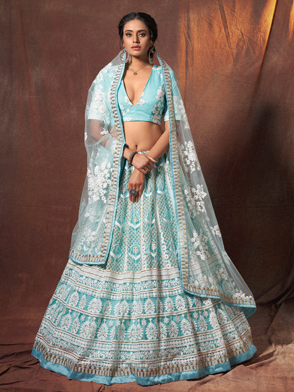 Rajwada Women Blue Resham, Sequins Semi Stitched Lehenga With Unstitched Blouse