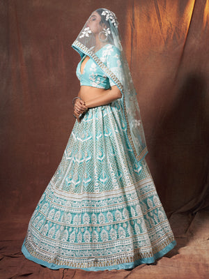 Rajwada Women Blue Resham, Sequins Semi Stitched Lehenga With Unstitched Blouse