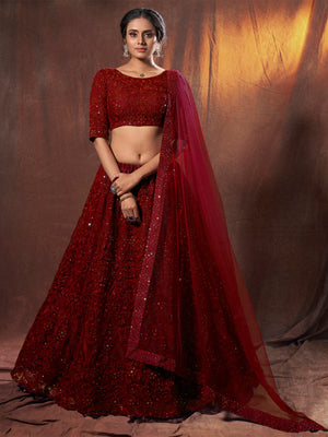 Rajwada Women Maroon Sequins, Thread Semi Stitched Lehenga With Unstitched Blouse