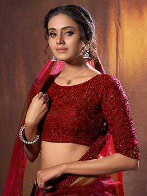 Rajwada Women Maroon Sequins, Thread Semi Stitched Lehenga With Unstitched Blouse