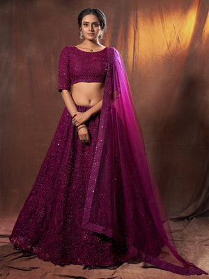 Rajwada Women Purple Sequins, Thread Semi Stitched Lehenga With Unstitched Blouse
