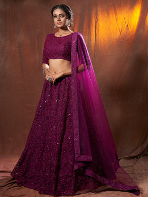 Rajwada Women Purple Sequins, Thread Semi Stitched Lehenga With Unstitched Blouse