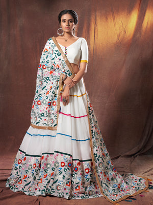 Rajwada Women White Embroidered Georgette Semi Stitched Lehenga With Unstitched Blouse