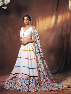 Rajwada Women White Embroidered Georgette Semi Stitched Lehenga With Unstitched Blouse