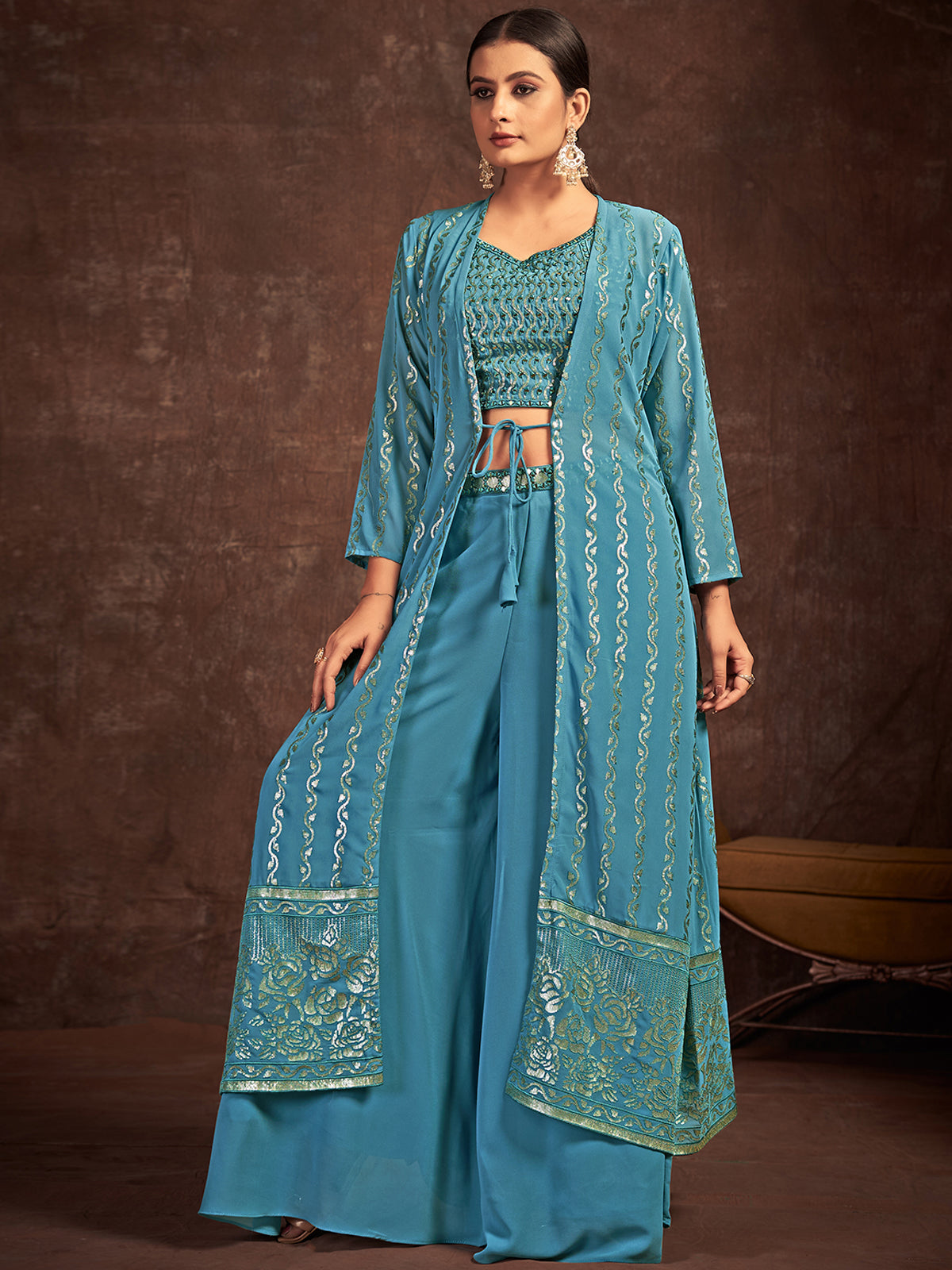 Rajwada - Teal Georgette Stitched Sequins Indo Western Set