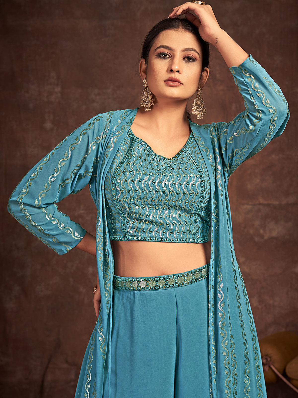 Rajwada - Teal Georgette Stitched Sequins Indo Western Set