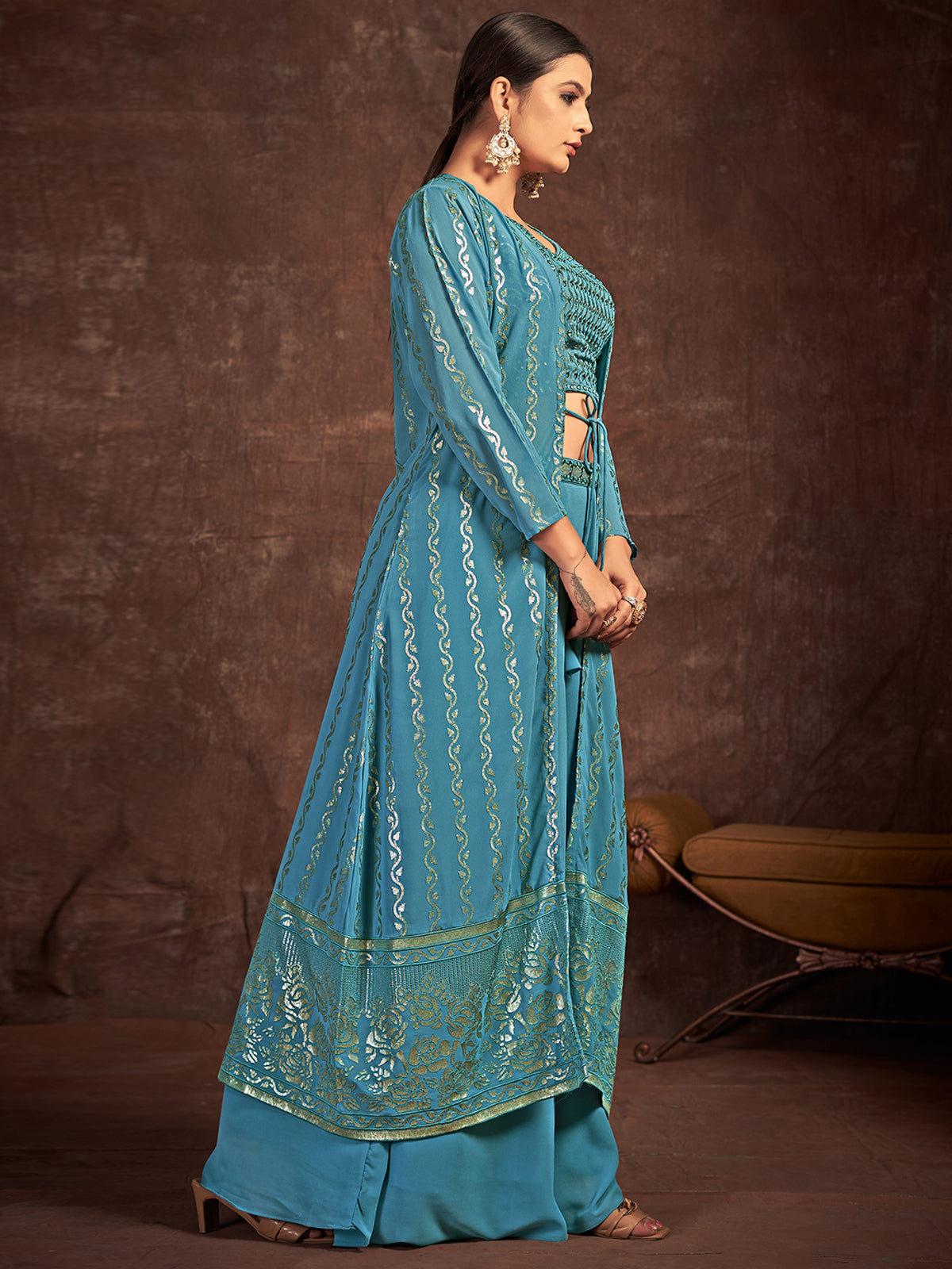 Rajwada - Teal Georgette Stitched Sequins Indo Western Set