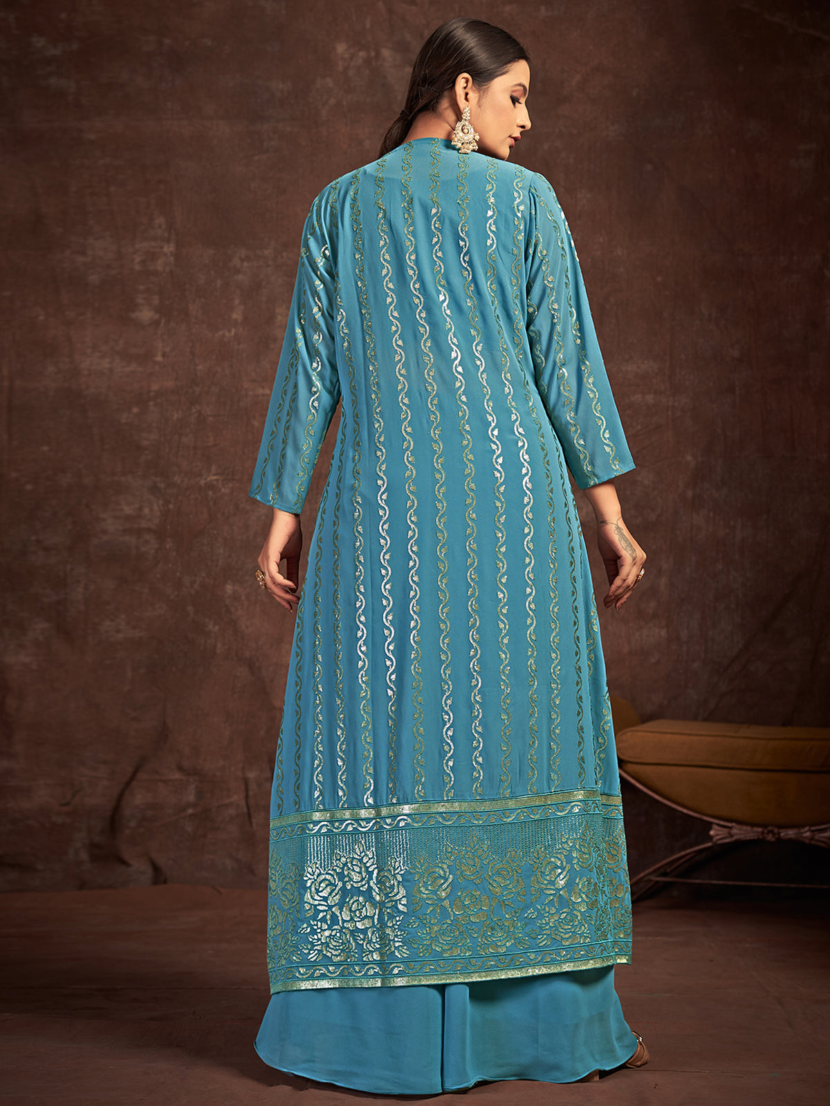 Rajwada - Teal Georgette Stitched Sequins Indo Western Set