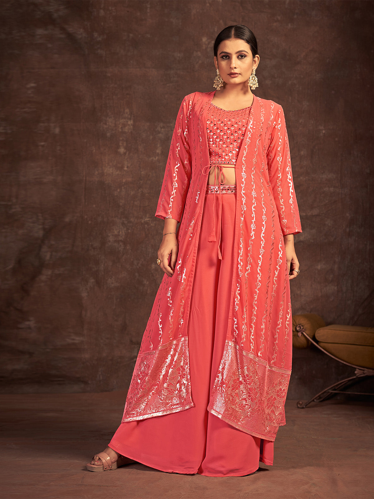 Rajwada - Orange Georgette Stitched Sequins Indo Western Set