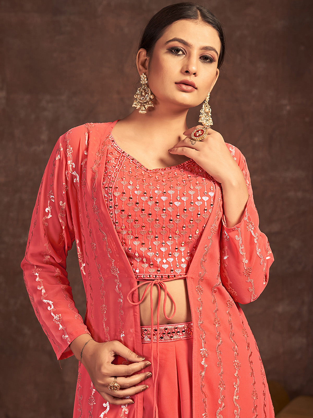 Rajwada - Orange Georgette Stitched Sequins Indo Western Set