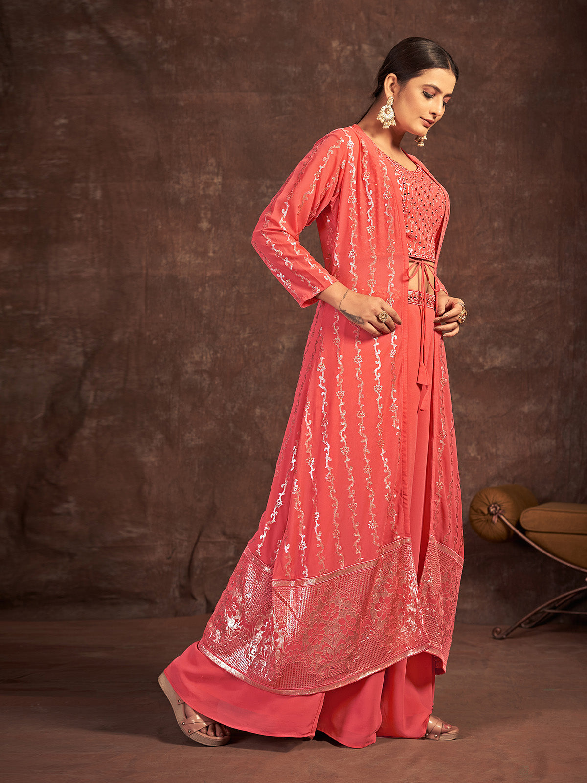 Rajwada - Orange Georgette Stitched Sequins Indo Western Set