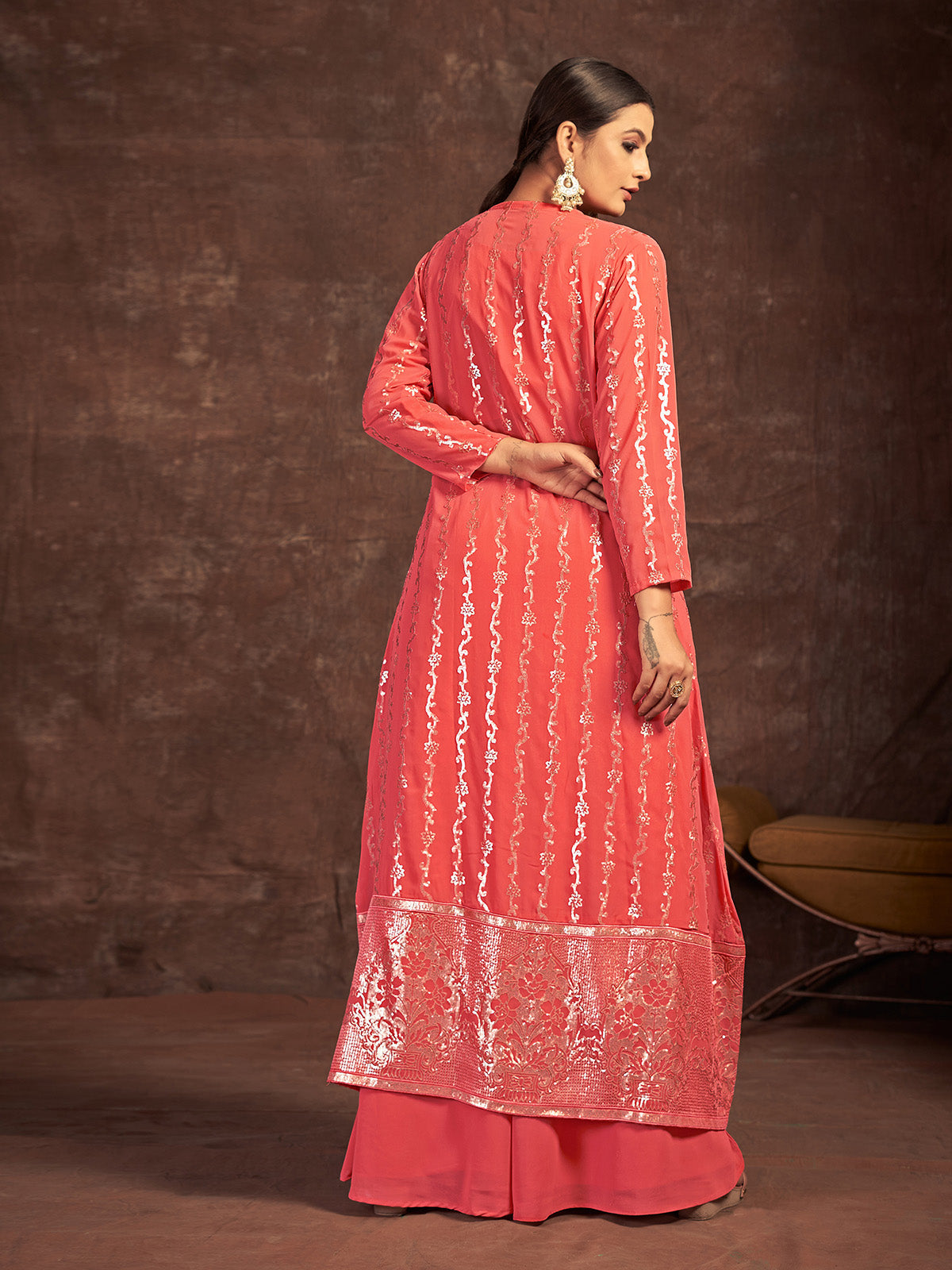 Rajwada - Orange Georgette Stitched Sequins Indo Western Set