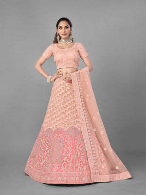 Rajwada Women Peach Soft Net Semi Stitched Lehenga With Unstitched Blouse
