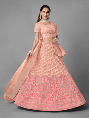 Rajwada Women Peach Soft Net Semi Stitched Lehenga With Unstitched Blouse