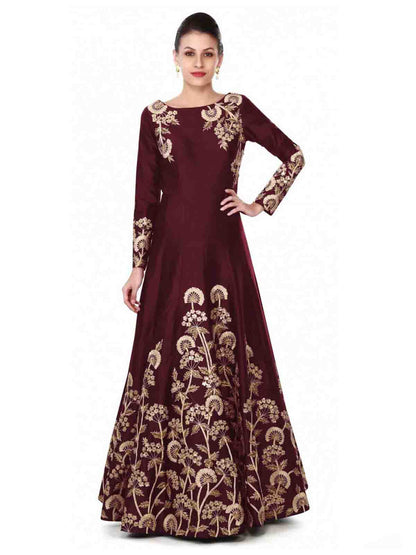 Rajwada Women Stunning Tafetta Silk Maroon Semi Stitched Gown