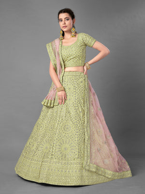 Rajwada Women Green Embroidered Art Silk Semi Stitched Lehenga With Unstitched Blouse