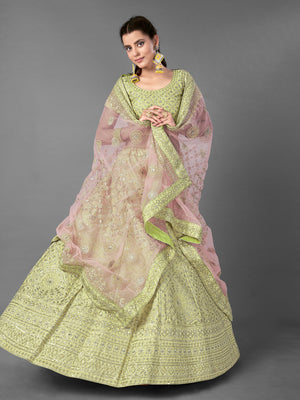 Rajwada Women Green Embroidered Art Silk Semi Stitched Lehenga With Unstitched Blouse
