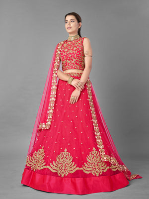 Rajwada Women Red Thread Embroidered Soft Net Semi Stitched Lehenga With Unstitched Blouse