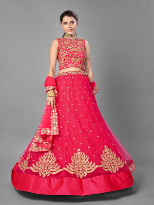 Rajwada Women Red Thread Embroidered Soft Net Semi Stitched Lehenga With Unstitched Blouse
