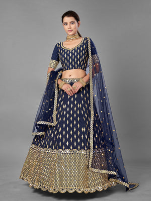 Rajwada Women Dark Blue Art Silk Semi Stitched Lehenga With Unstitched Blouse