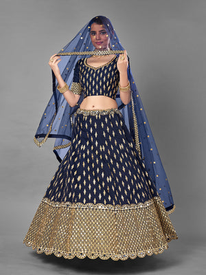 Rajwada Women Dark Blue Art Silk Semi Stitched Lehenga With Unstitched Blouse