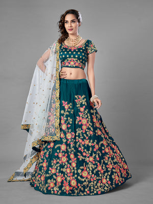 Rajwada Women Teal Satin Velvet Semi Stitched Lehenga With Unstitched Blouse