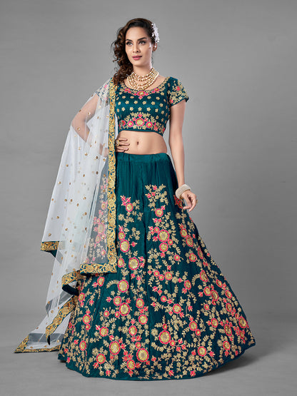 Rajwada Women Teal Satin Velvet Semi Stitched Lehenga With Unstitched Blouse