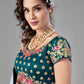 Rajwada Women Teal Satin Velvet Semi Stitched Lehenga With Unstitched Blouse
