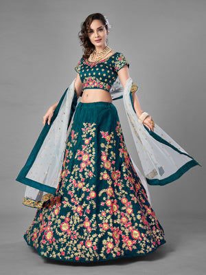 Rajwada Women Teal Satin Velvet Semi Stitched Lehenga With Unstitched Blouse