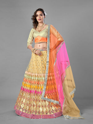 Rajwada Women Beige Embroidered Soft Net Semi Stitched Lehenga With Unstitched Blouse