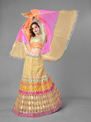 Rajwada Women Beige Embroidered Soft Net Semi Stitched Lehenga With Unstitched Blouse