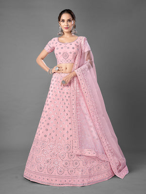 Rajwada Women Pink Georgette Semi Stitched Lehenga With Unstitched Blouse