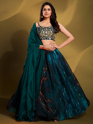 Rajwada - Teal Organza Printed Semi Stitched Lehenga Choli