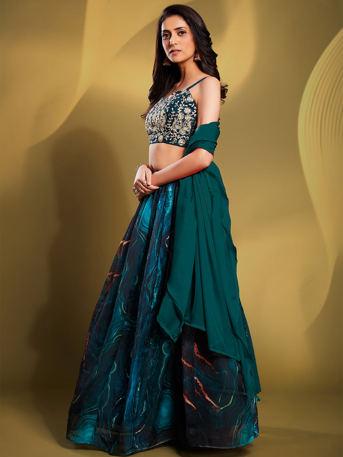 Rajwada - Teal Organza Printed Semi Stitched Lehenga Choli