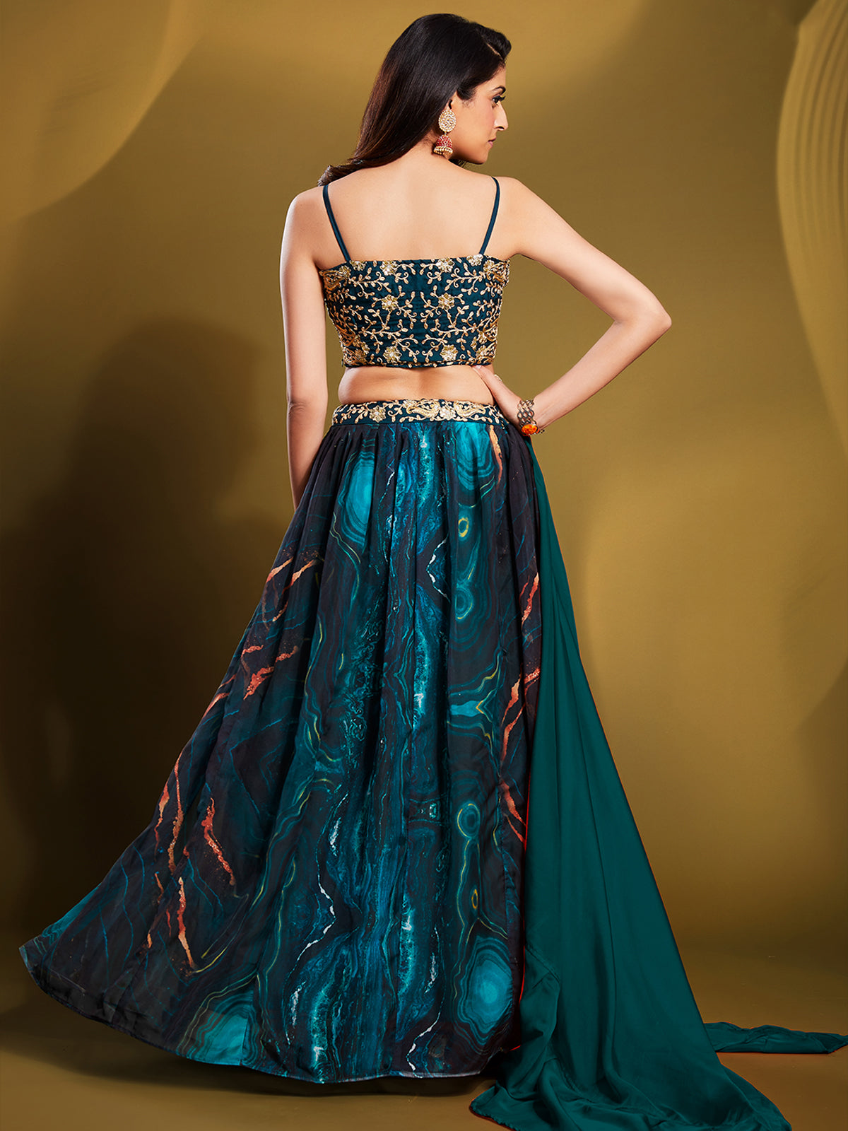Rajwada - Teal Organza Printed Semi Stitched Lehenga Choli