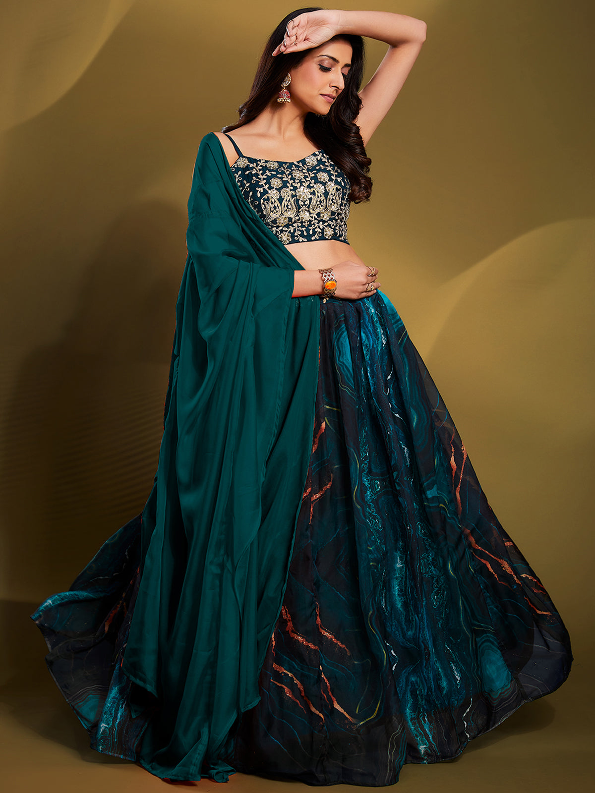 Rajwada - Teal Organza Printed Semi Stitched Lehenga Choli