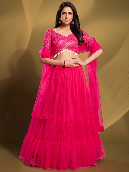 Rajwada - Pink Soft Net Solid Semi Stitched Lehenga Choli