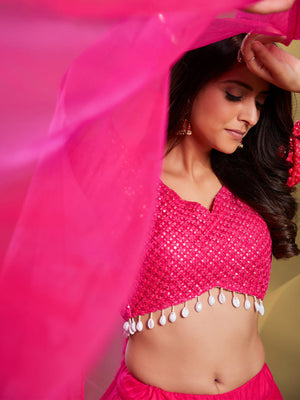Rajwada - Pink Soft Net Solid Semi Stitched Lehenga Choli
