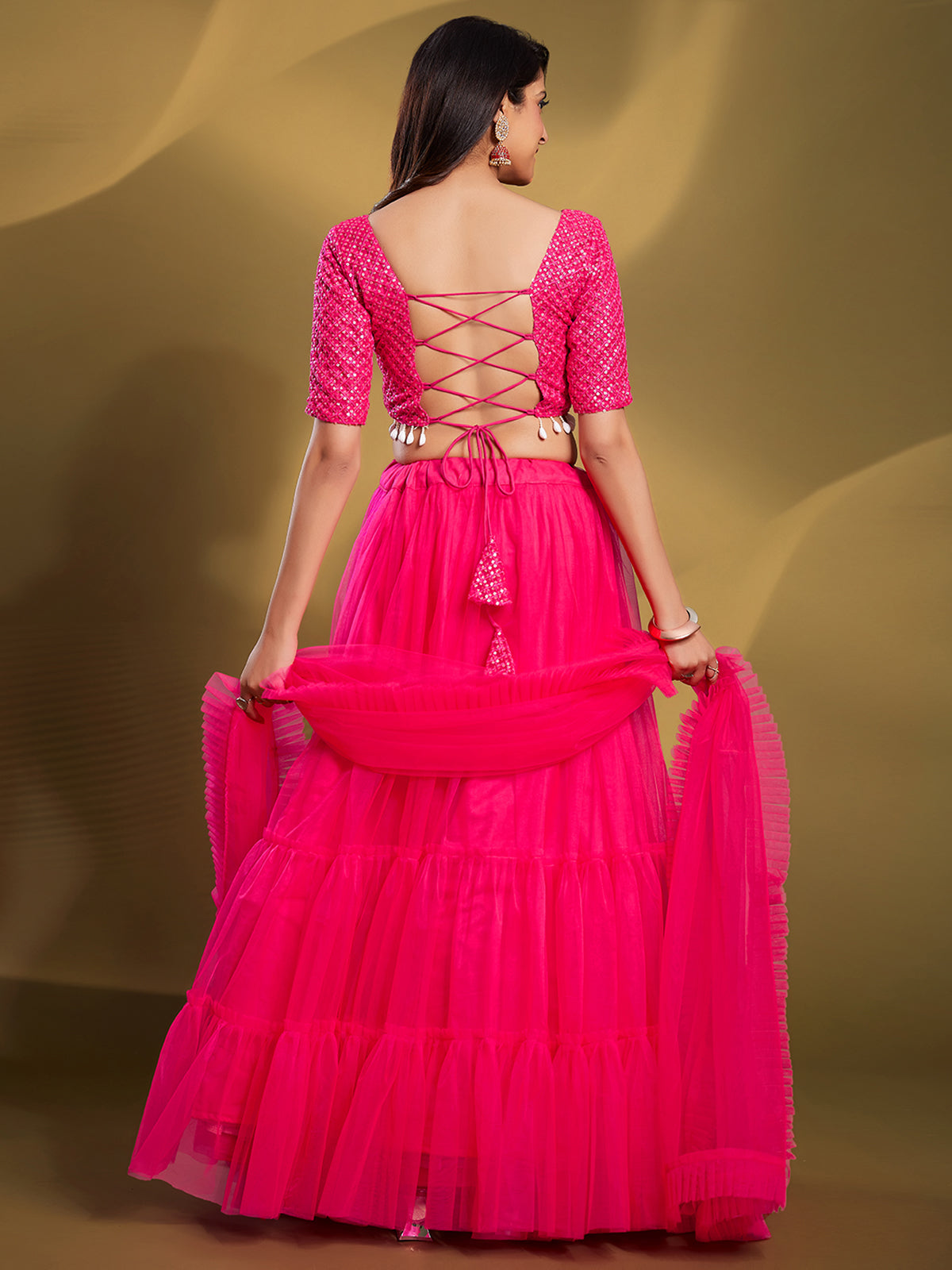 Rajwada - Pink Soft Net Solid Semi Stitched Lehenga Choli