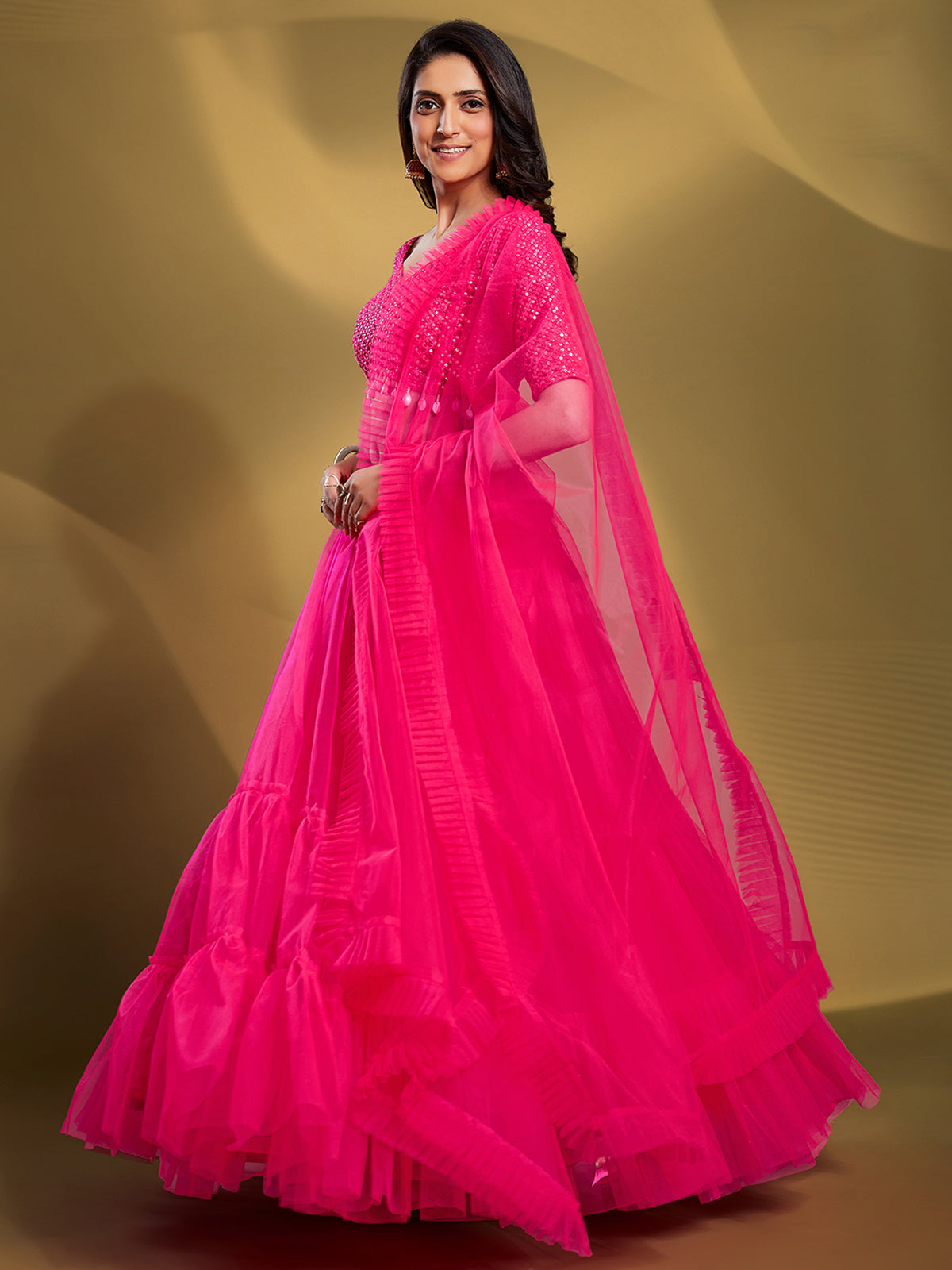 Rajwada - Pink Soft Net Solid Semi Stitched Lehenga Choli