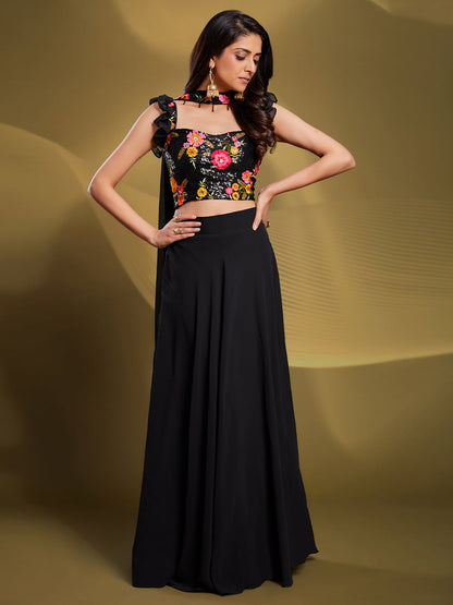 Rajwada - Black Georgette Solid Semi Stitched Lehenga Choli