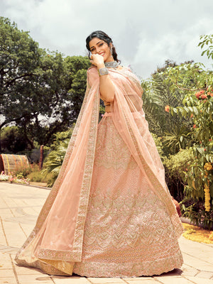 Rajwada Women Soft Net Peach Semi Stitched Lehenga Choli