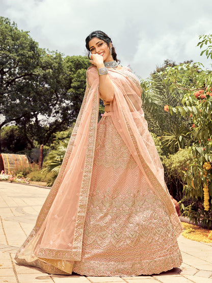 Rajwada Women Soft Net Peach Semi Stitched Lehenga Choli